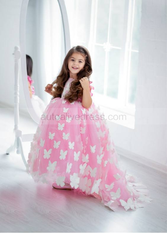 Pink Satin Tulle Butterflies Flower Girl Dress Kids Ball Gown